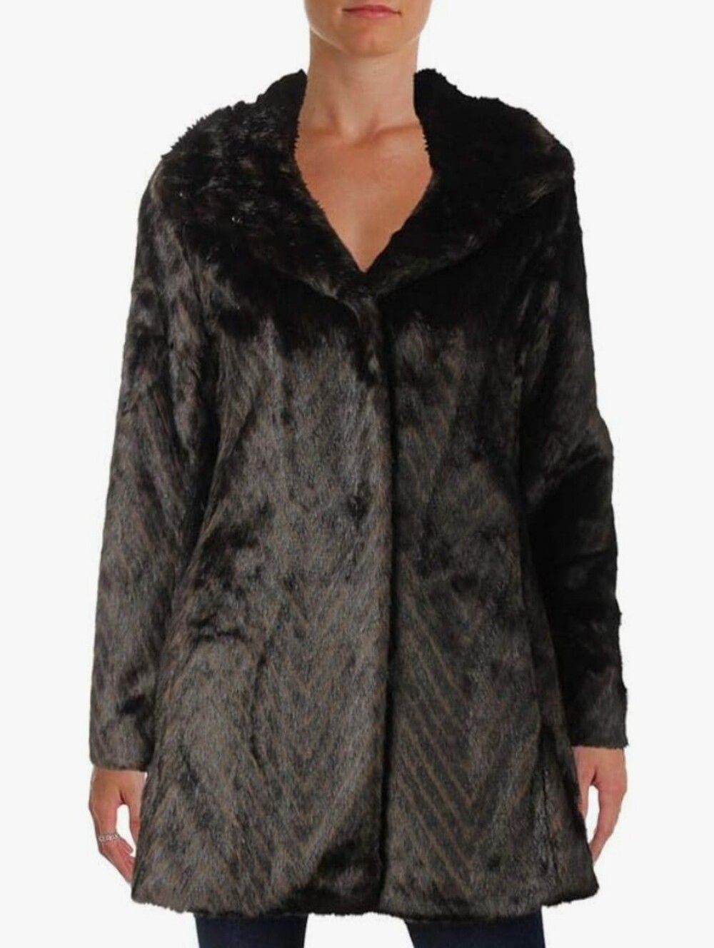 NEW Ellen Tracy Black And Brown Faux Fur Coat - Plush Short Trench